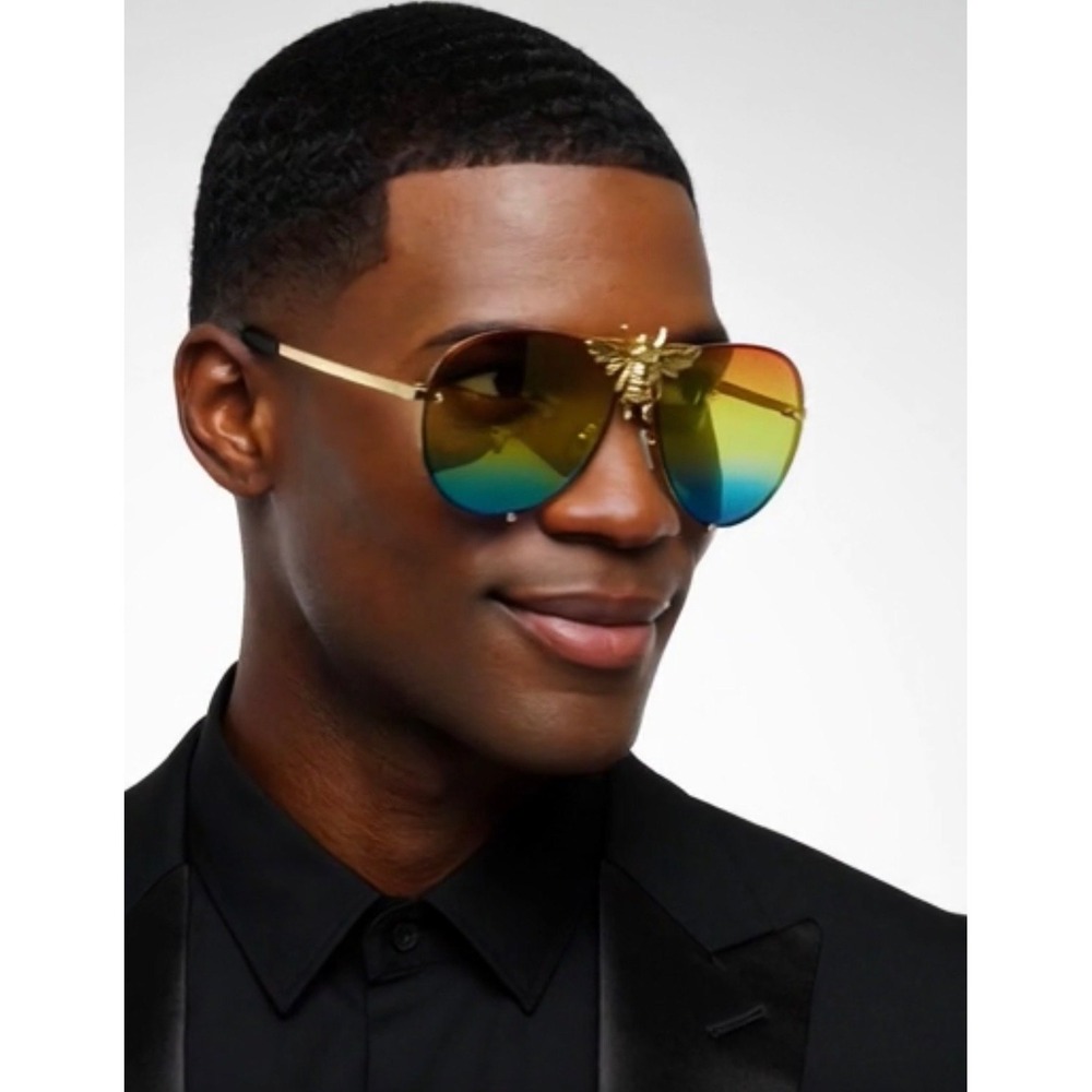 Men Fashion Sunglasses Rainbow Lens Gold Streetwear Rapper Hip Hop Cholo Party